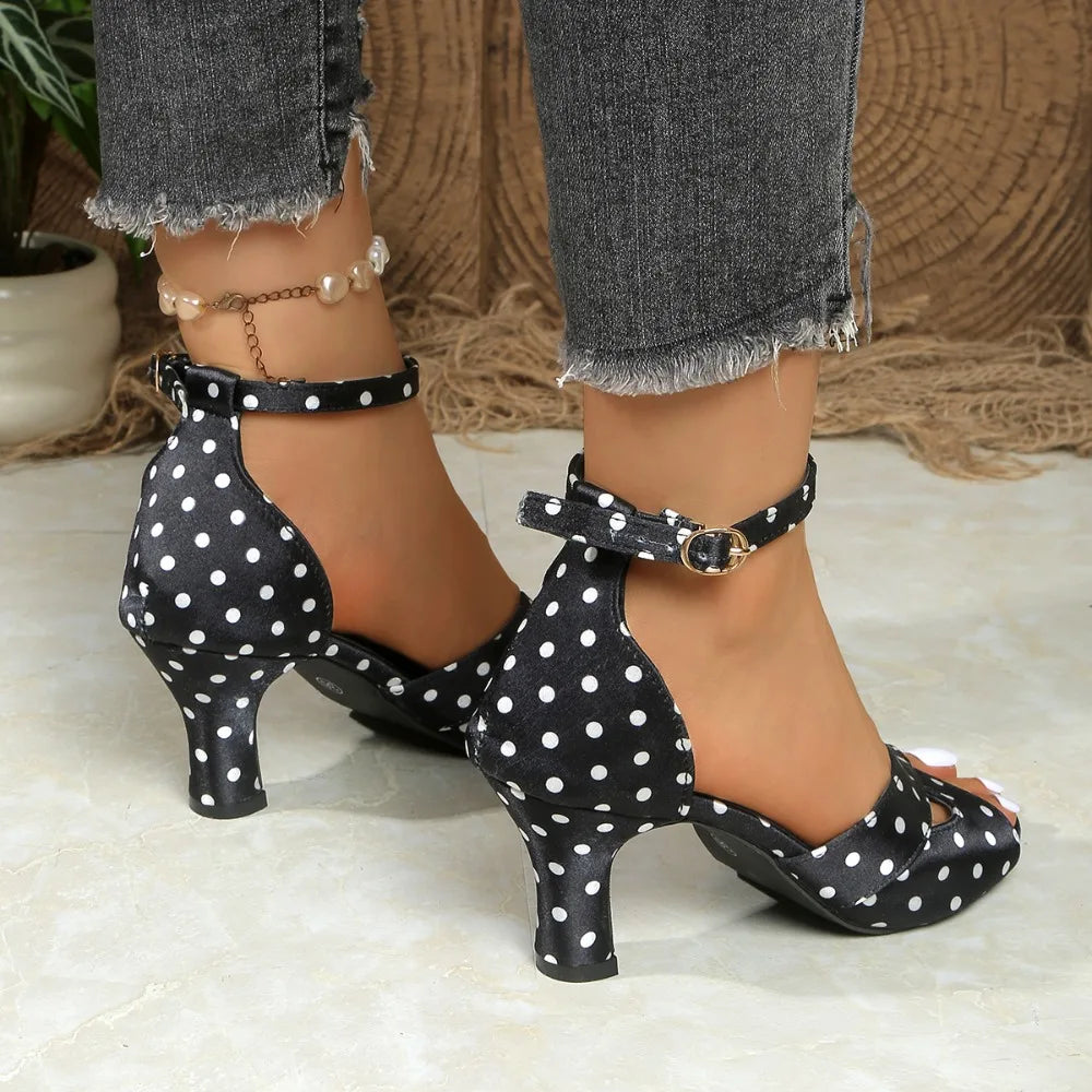 Fashion Polka Dot Ankle Buckle Pumps Women 44 Pointed Toe Heels