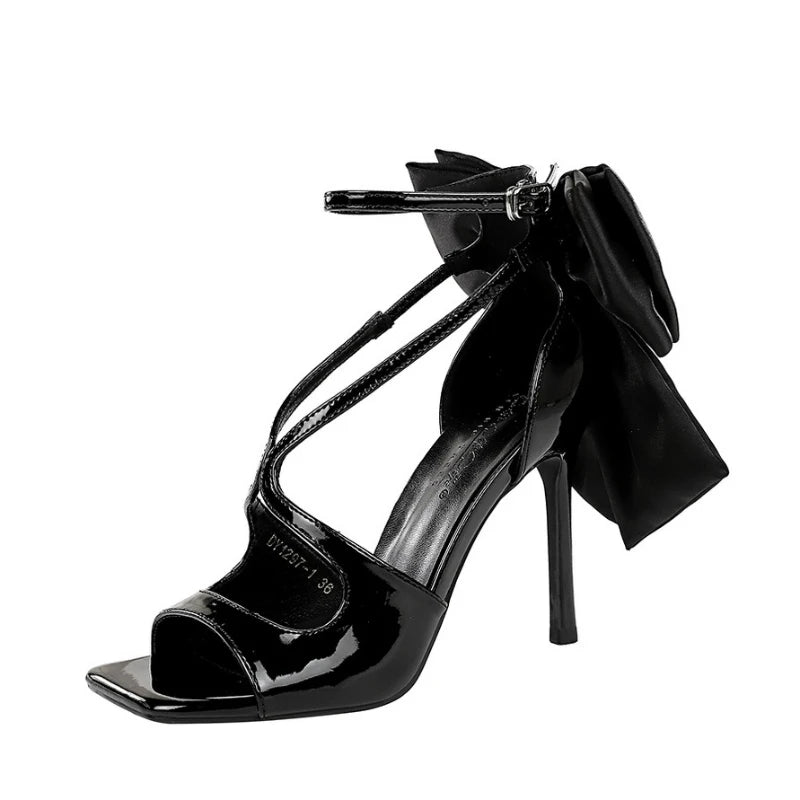 Patent Leather Square Toe Heel Sandals Large Bow Detail Ankle Strap Zpaxo
