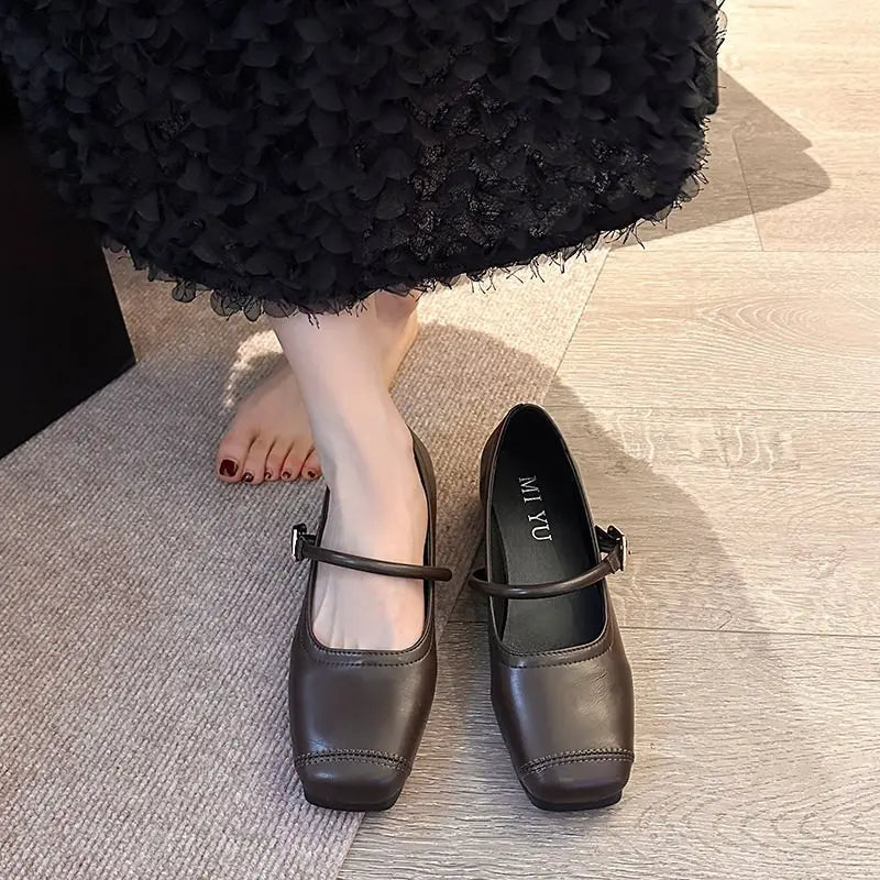 Shoes Women Fashion Medium Heeled Single Soft Comfortable Red Ballet