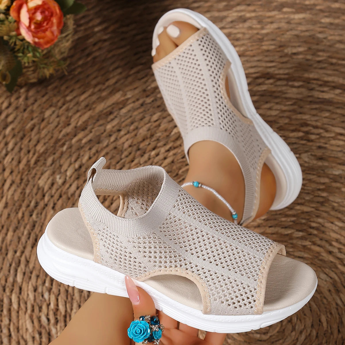 Women Sandals Trend Comfortable Slip-On Sandals Breathable Knit Open Toe Shoes Low Heel with Durable Rubber Sole Shoes for Women Zpaxo Khaki 40
