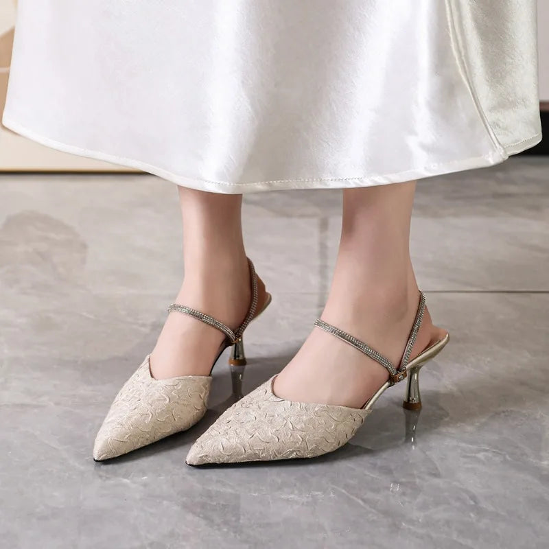 Summer Women's Pointed Closed Toe Rhinestone Embellishment Thin Heel Zpaxo