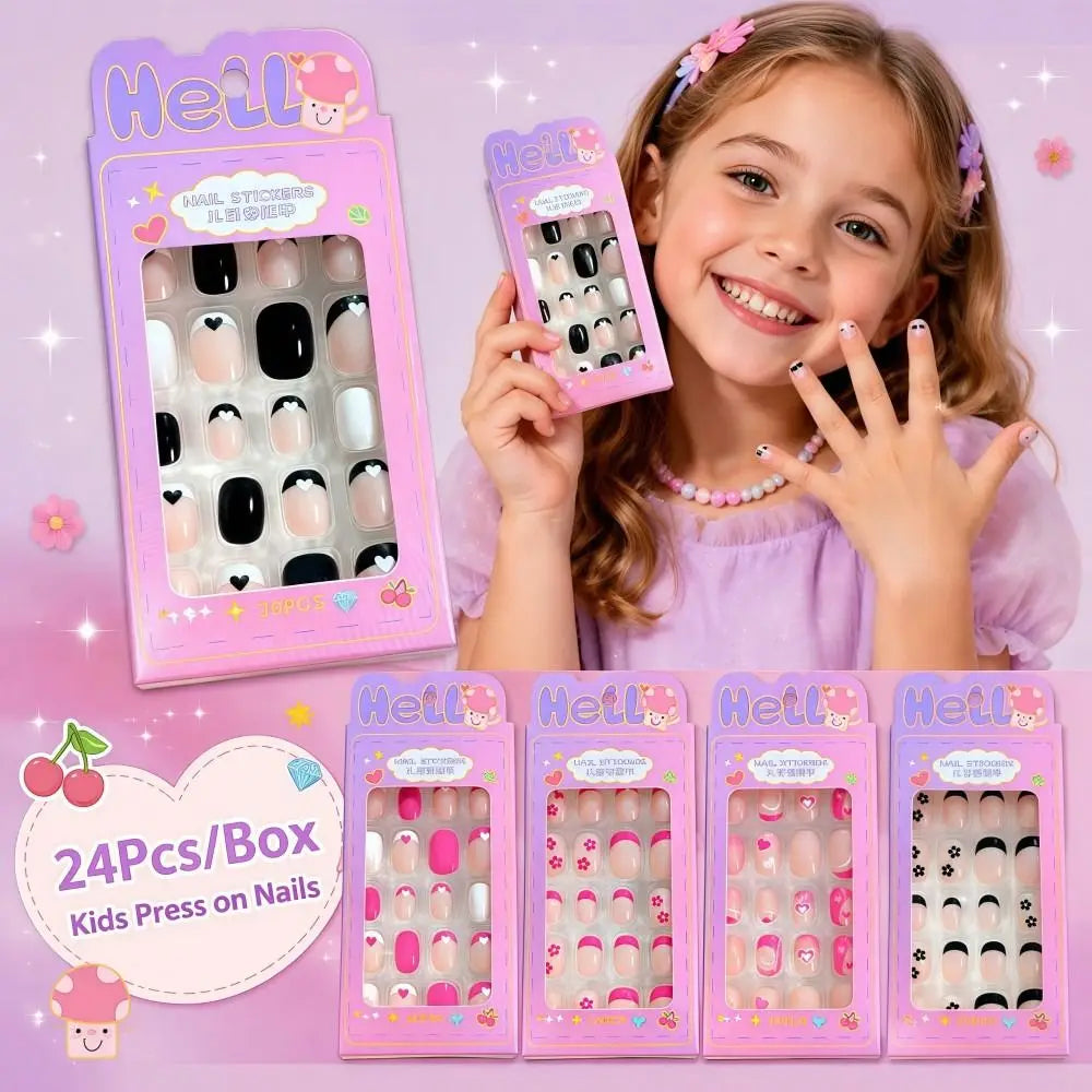 Box Cartoon Press Nails French Black Flower Tips False Almond-shaped Zpaxo