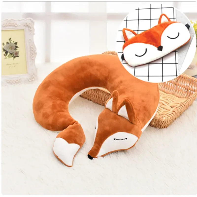 Cute Fox U Shape Neck Pillow Animal Cotton Plush Travel Car Home Pillow Health Care with Eye Mask Nap Animal Pillow Almohada Zpaxo Brown with ey 28x28x8cm