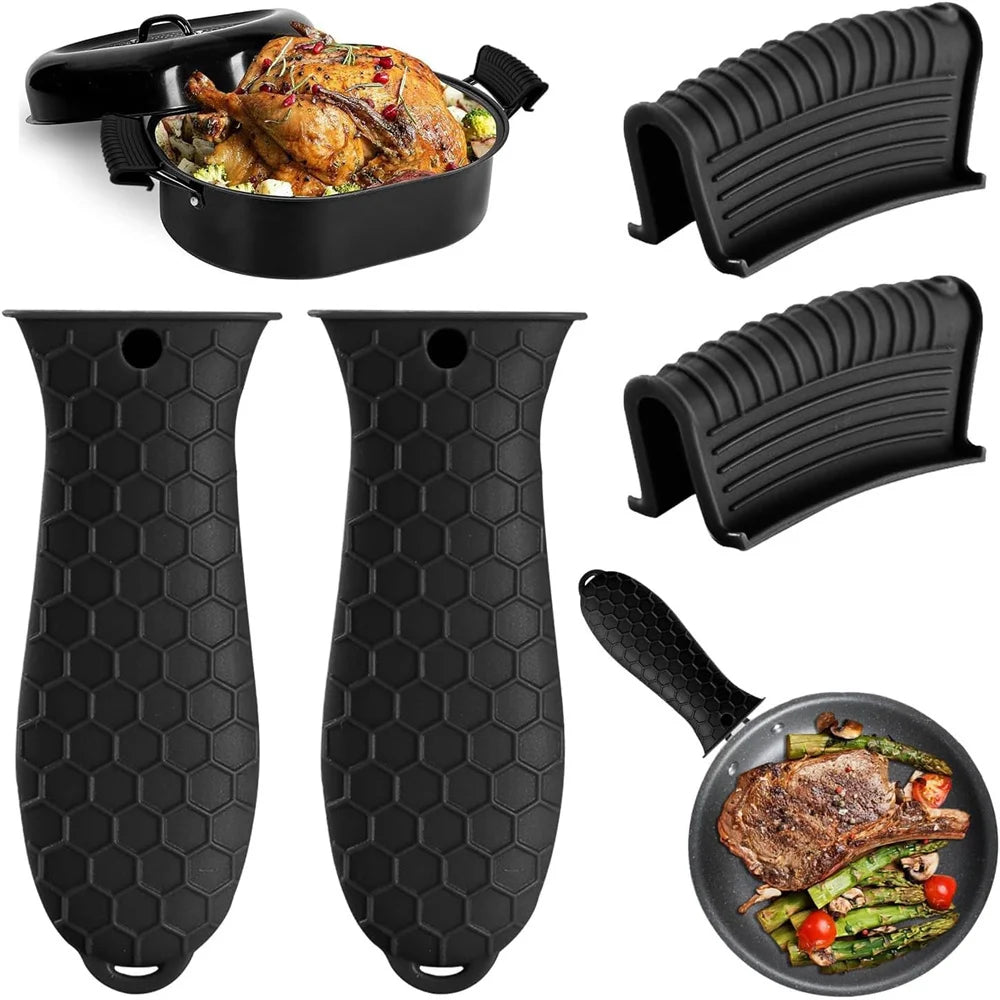 Silicone Heat-resistant Handle Covers Cast Iron Pot Holders Skillet Zpaxo 4pcs Black