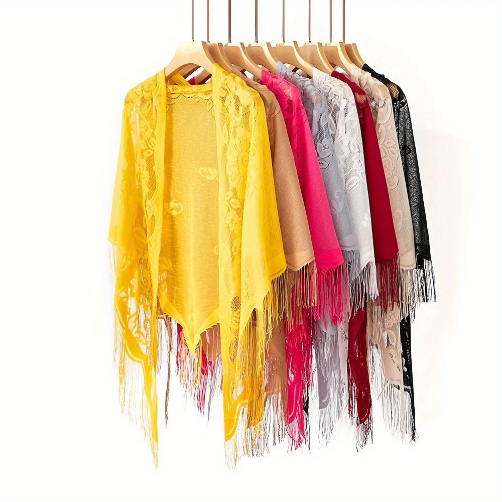 Women's Lace Tassel Triangle Shawl – Wedding & Beach Wrap Lace Shawl Wrap Zpaxo