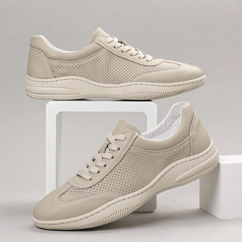 Mens Beige Leather Breathable Perforated Casual Sneakers Low Lace Up Zpaxo