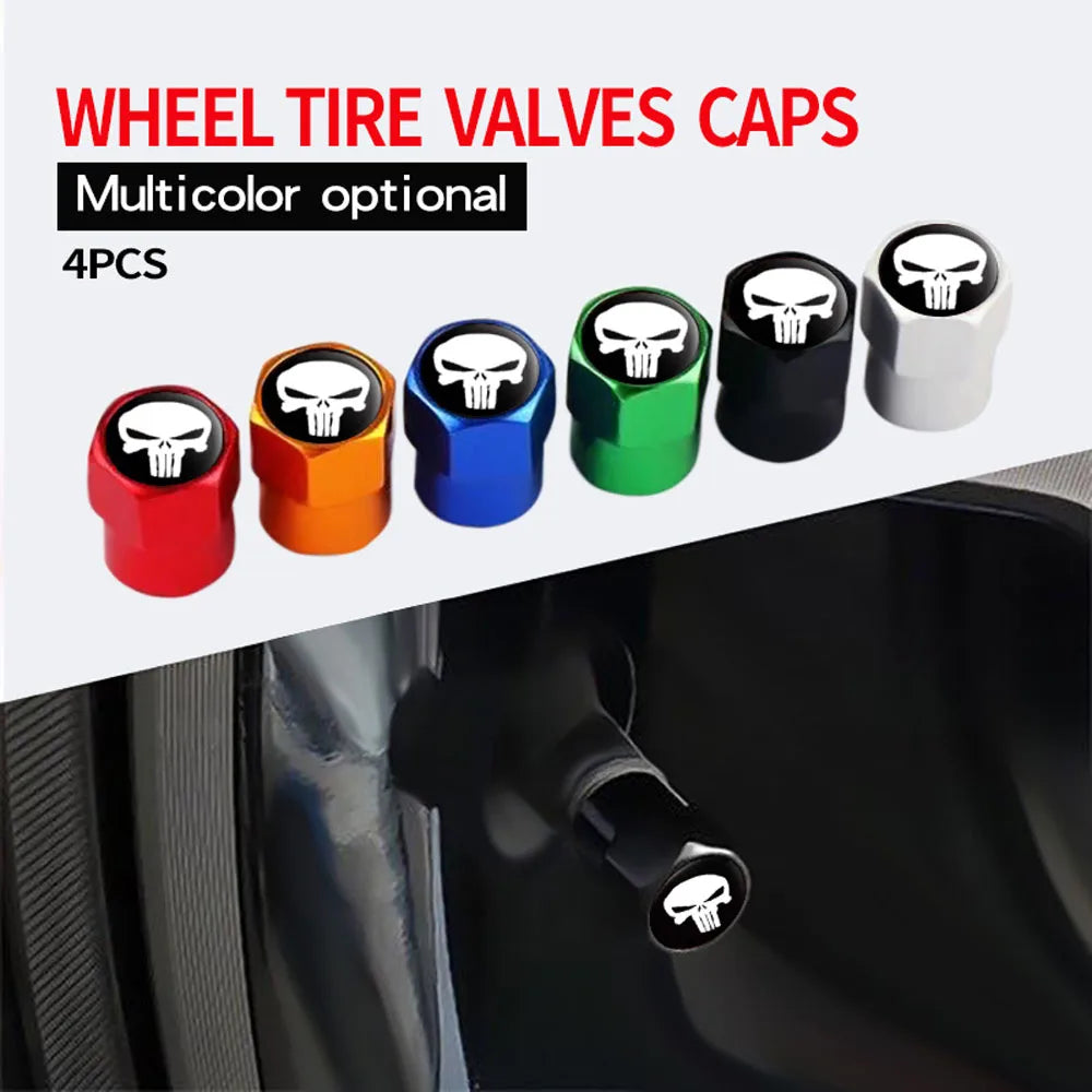 4-Pack Skull Tire Valve Stem Caps – Universal Aluminum Covers