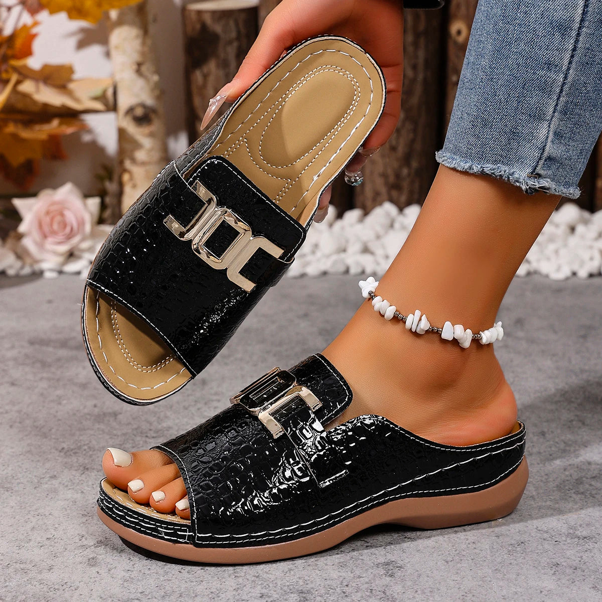 Women Platform Slippers Comfortable Round Shoes Slip Trend Casual Zpaxo Stone pattern black 40