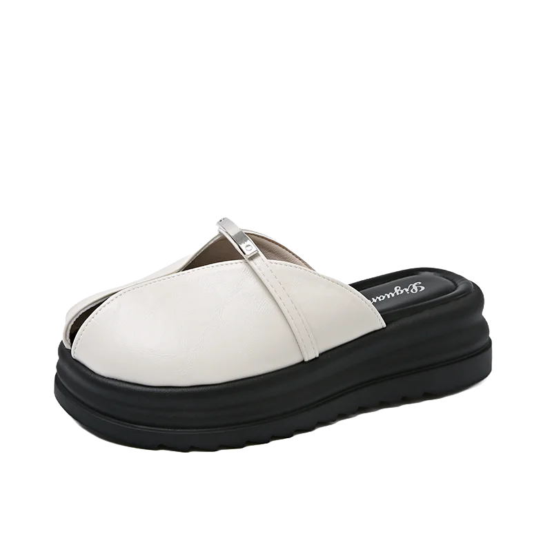 Shoes for Women 2025 High Quality Summer New Outdoor Low-heel Baotou Modern Slippers Square Heel PU Solid Women's Slippers Zpaxo WHITE 36