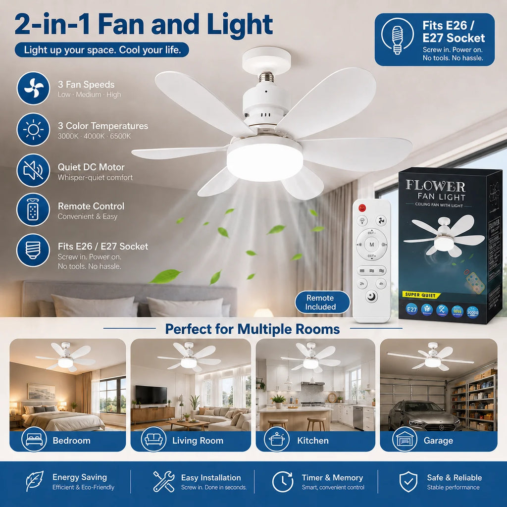 E27 LED Ceiling Fan Light with Remote 3 Color Dimmable Fan Lamp Rotatable Converter Base for Bedroom Living Room Kitchen Zpaxo