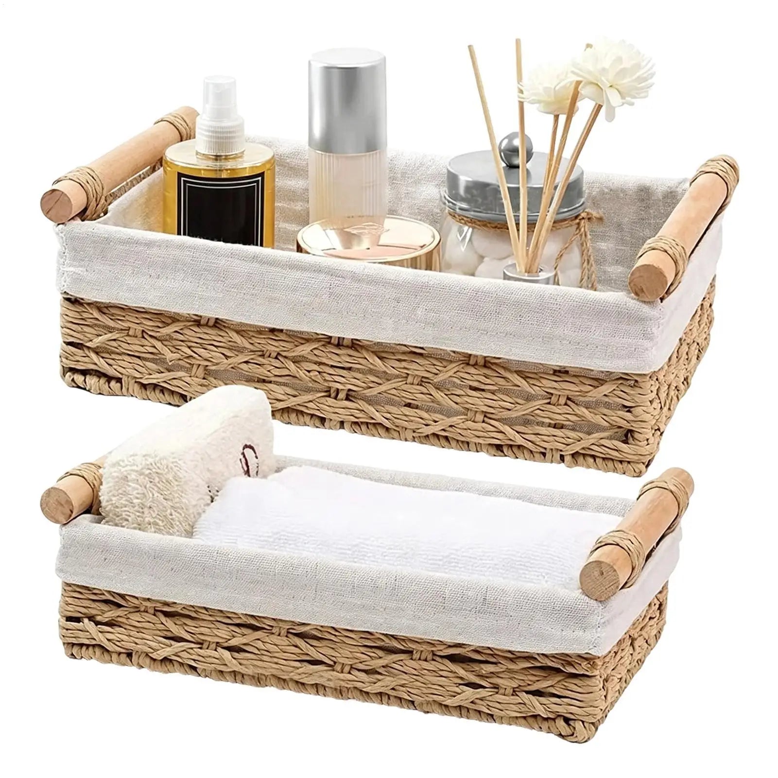 Wicker Storage Basket Woven Paper Rope Bin Handles Liners Desktop