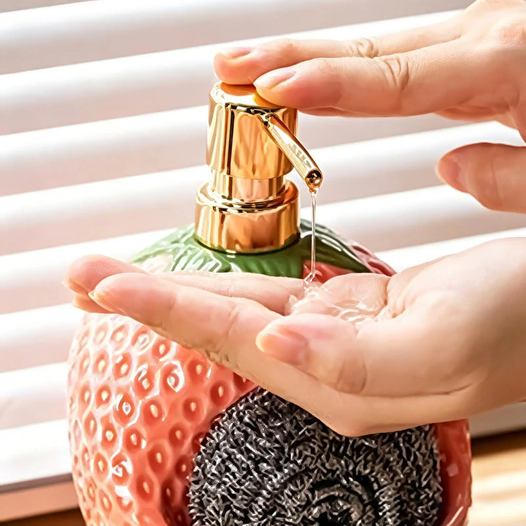 Soap Dispenser 20 Oz Strawberry Shape Ceramic Refillable Liquid Lotion Bottle Bathroom Hand Soap Dispenser with Sponge Holder Zpaxo