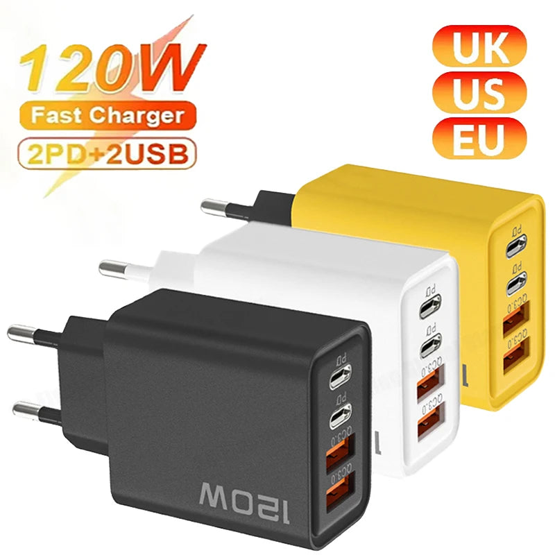 120W 4 Port USB C Charger Fast Charging Data Cable Phone Adapter