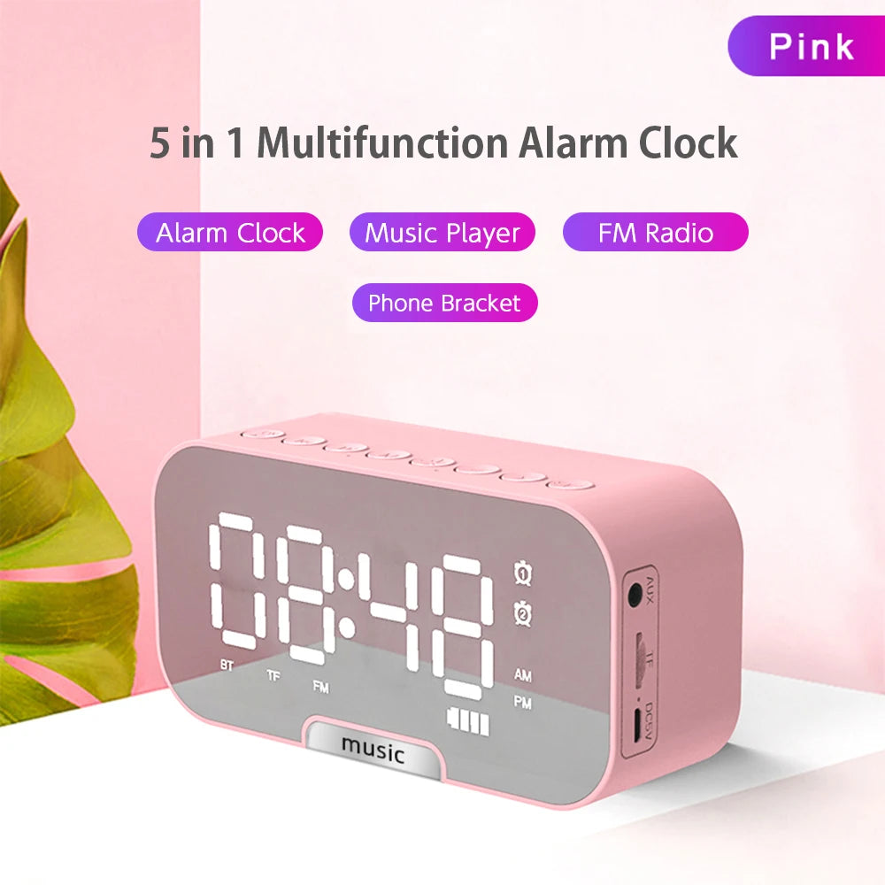 Digital Mirror Surface Alarm Clock Desktop Portable BT Speaker & FM Radio Rechargeable Support TF Card for Home Office Travel Zpaxo