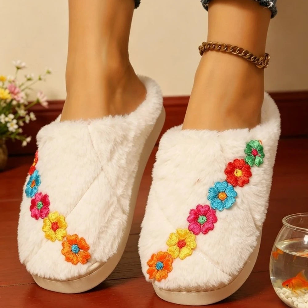 Flower Embroidery Pattern Fuzzy Women's Slippers Winter Comfy Warm