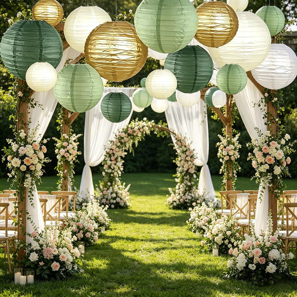 15 Sage Green Paper Lanterns Wedding Decoration Background Hanging