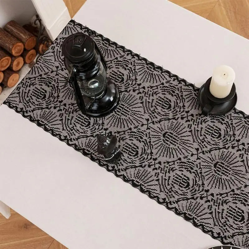 Elegant Black Lace Halloweens Tablecloth Polyester Fabric Party