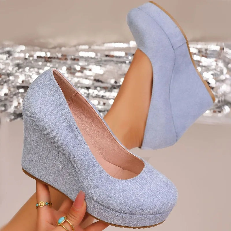 Spring Autumn Women's Round Toe Wedge Heel Fashion Thick Sole Low-cut Zpaxo Blue 43