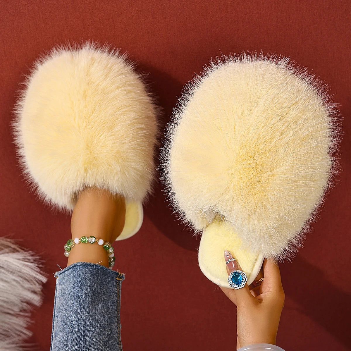 Fur Women Indoor Slippers Thickened Fluff Home Shoes Women Soft Sole Fashion Warm Fluffy Slippers Solid Baotou Slides Women Zpaxo YELLOW 36-37