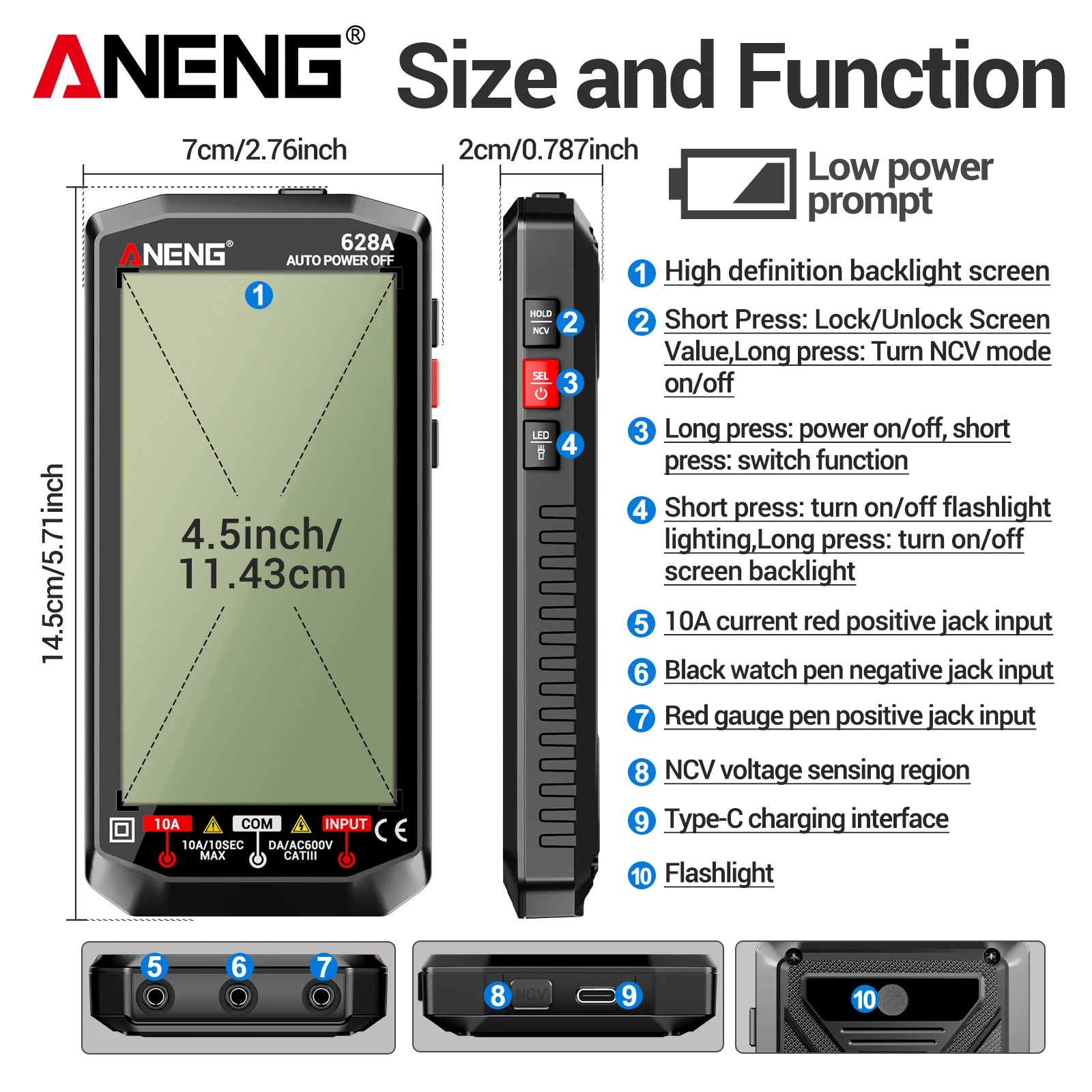 High-precision Multimeters ANENG 628A Type-c Direct Charging Lithium