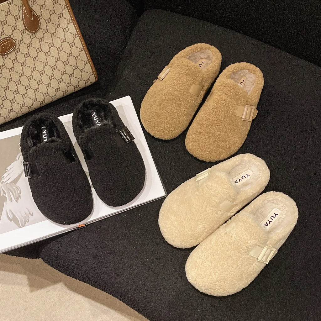 Soft Footbed Teddy Fur Mule Clogs Woman Winter Warm Plush Slide