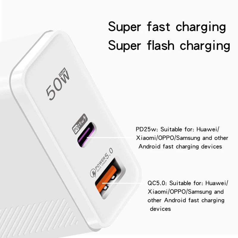 50W Dual Port USB C Fast Charger Samsung Xiaomi Huawei Iphone Oneplus