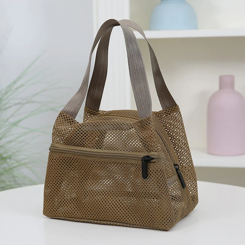 Solid Color Fashionable Mesh Travel Handbag, Spacious Cosmetic and Toiletry Storage Zpaxo Khaki