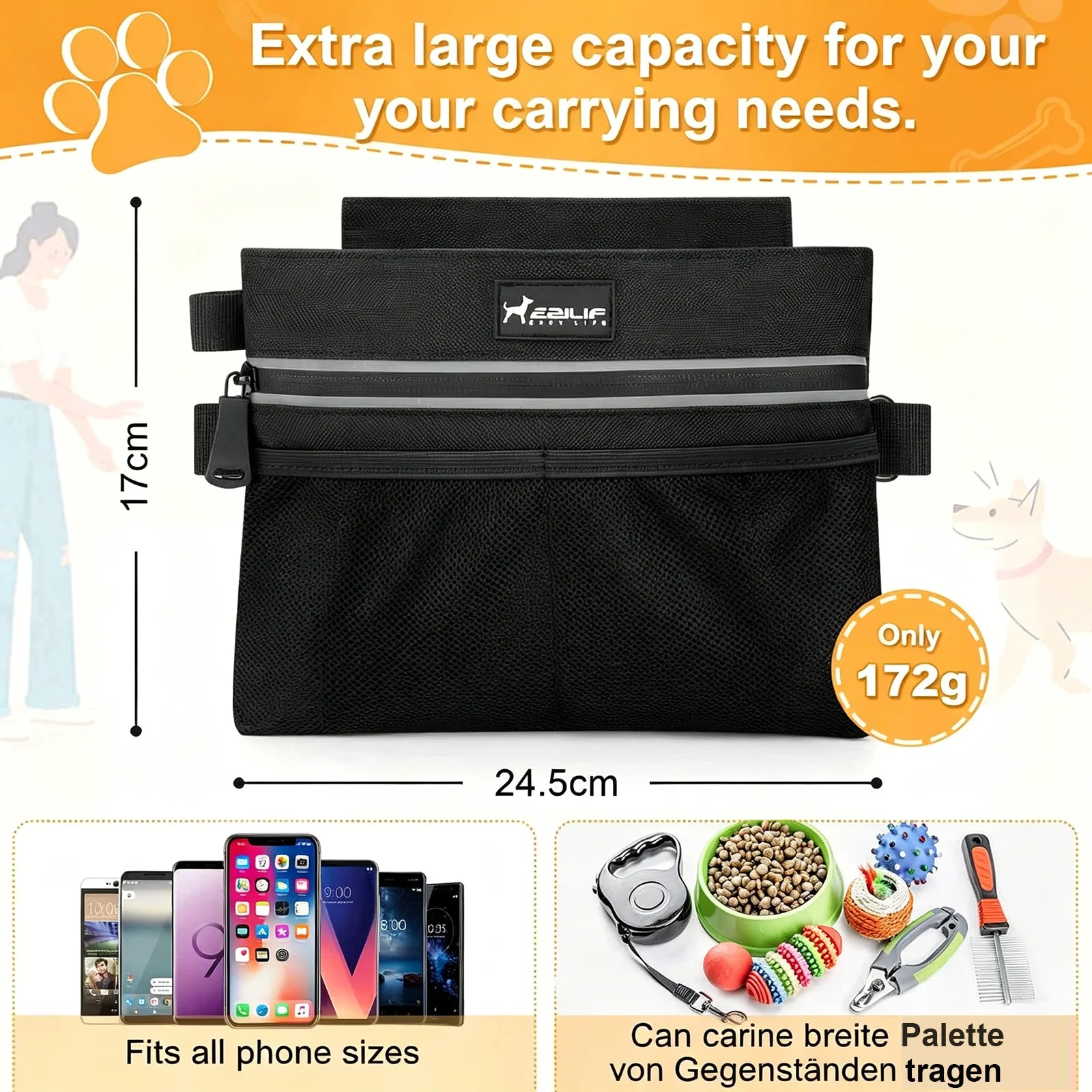 Large Capacity Training Treat Bag 3 Zipper Pockets Magnetic Closure Detachable Snack Pouch Pet Walking Waist Bag Pet Outdoor MTB Zpaxo