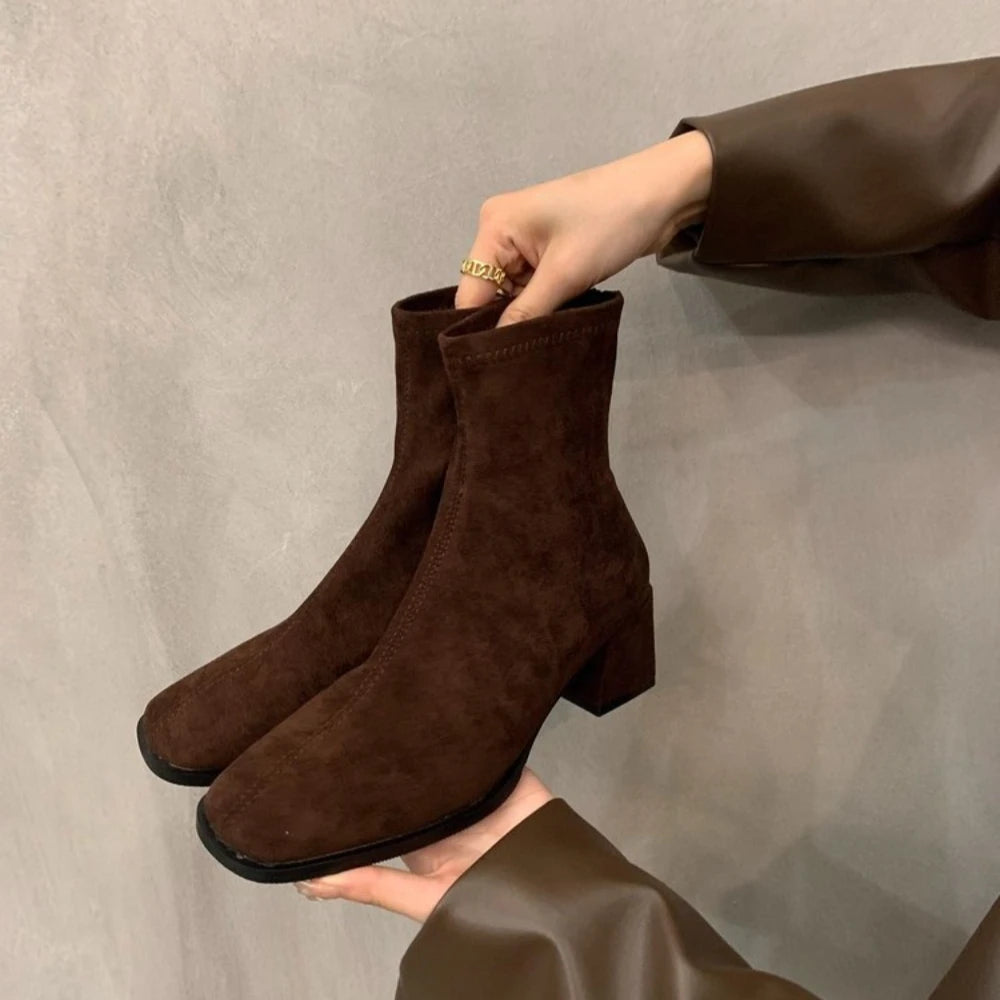Autumn Winter Fleeces Women Sock Ankle Boots Fashion Square Heel Zpaxo 39 Brown