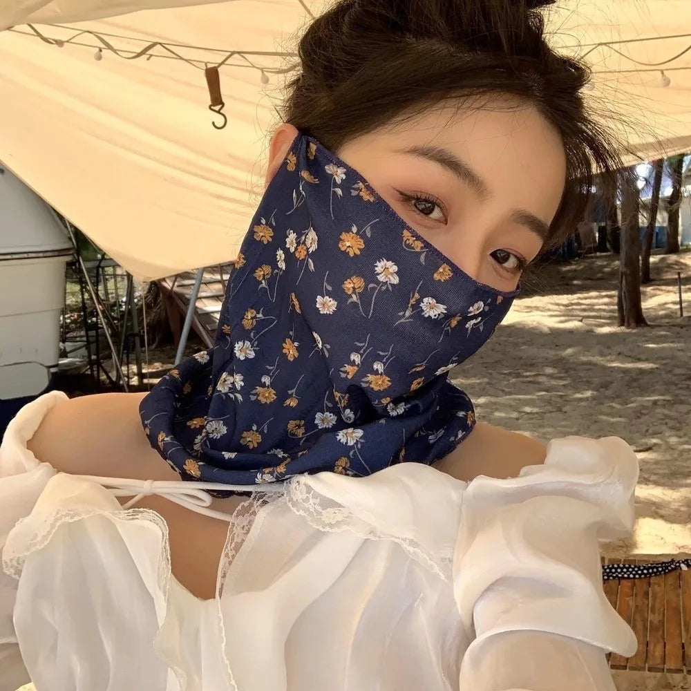 1Pc New Breathable Face Sunscreen Mask Small Floral Print Ear Hook Style UV Resistant Scarf Thin Neck Protector Summer Zpaxo