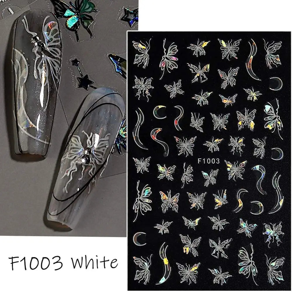 Butterfly Laser Nail Stickers Holographic Glitter Shining Adhesive Slider DIY 3D Nail Art Decal Decoration Zpaxo F1003-White