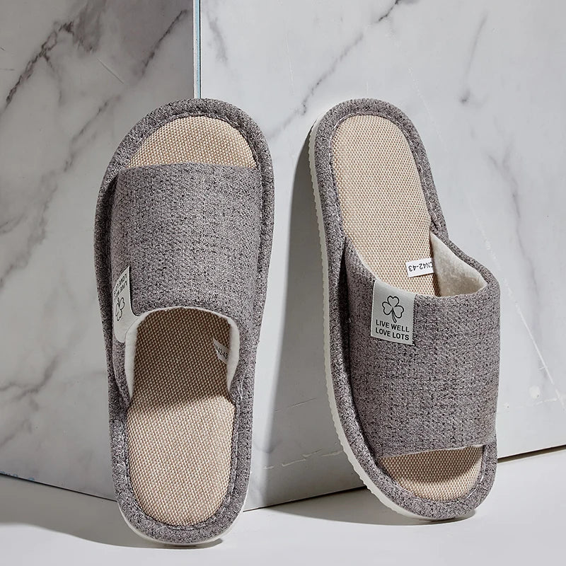 Men's Linen Slippers Breathable Open-toe Non-slip House Shoes Zpaxo GRAY 44-45