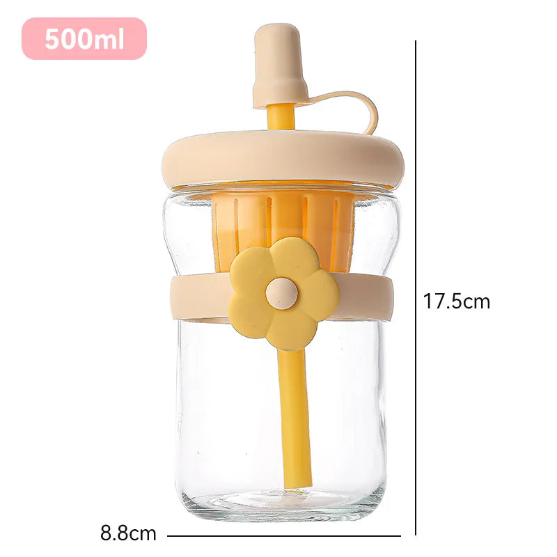 Glass Flower Cartoon Tea Strainer Cold Brew Straw Tumbler Leak-proof Zpaxo Yellow-1PC 500ml