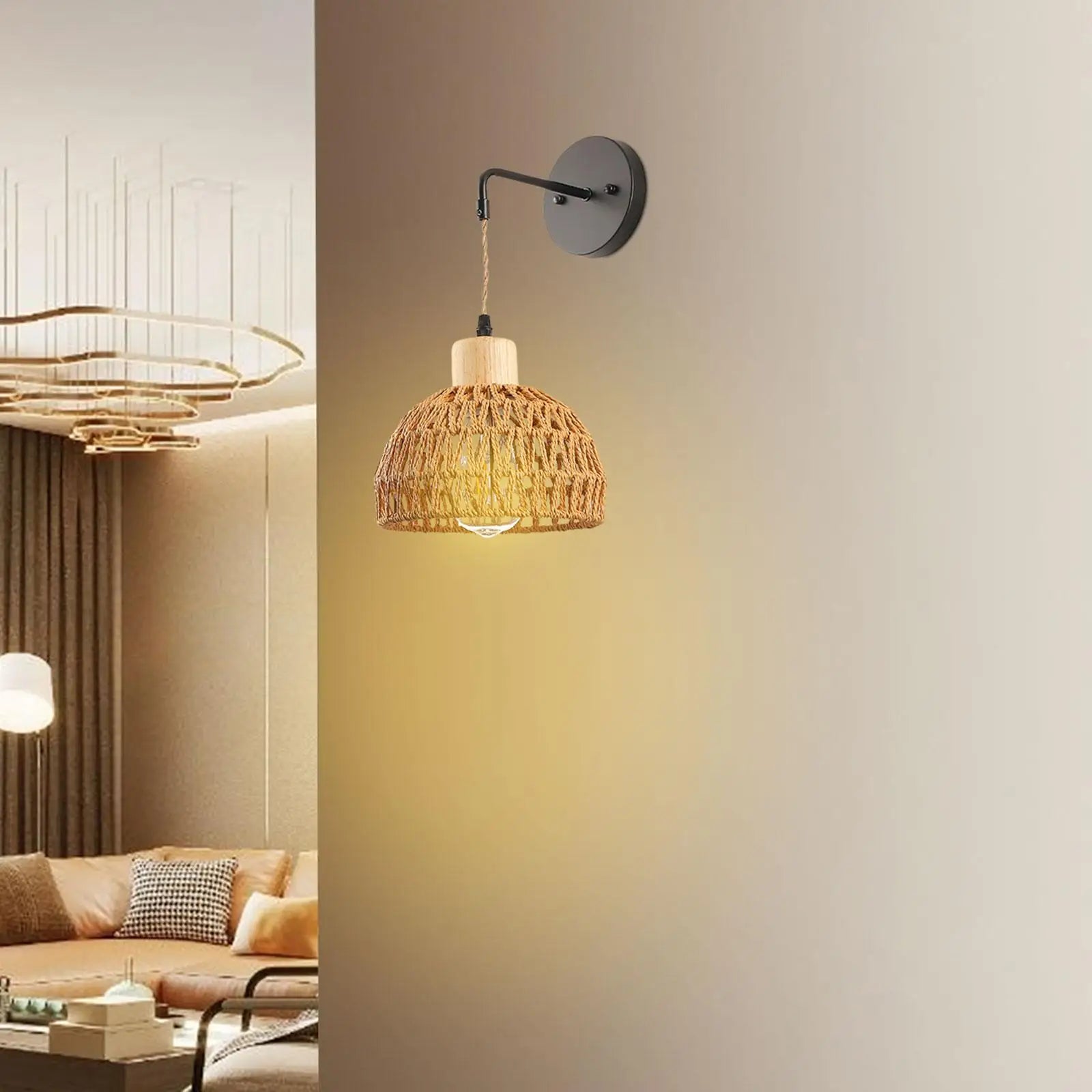 Rattan Wall Sconce Boho Indoor Handmade Shade Hand Woven Wall Light Wall Mountedlamp for Kitchen Bedroom Reading Entry Bathroom Zpaxo