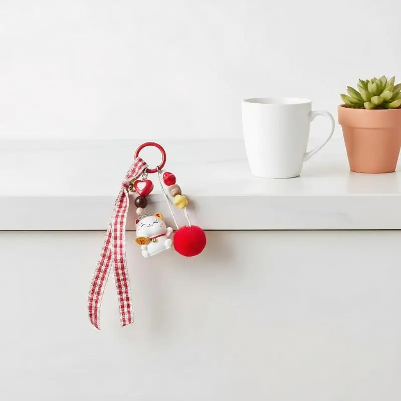 Cute Fun-loving Fortunate Cat Red Furry Ball Bag Charm Keychain Phone Zpaxo