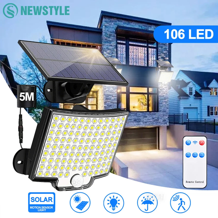 Solar Flood Lights Outdoor 106/318 LED Solar Motion Lights Remote Solar Security Lights Wall Lights Waterproof 3 Modes Garden Zpaxo