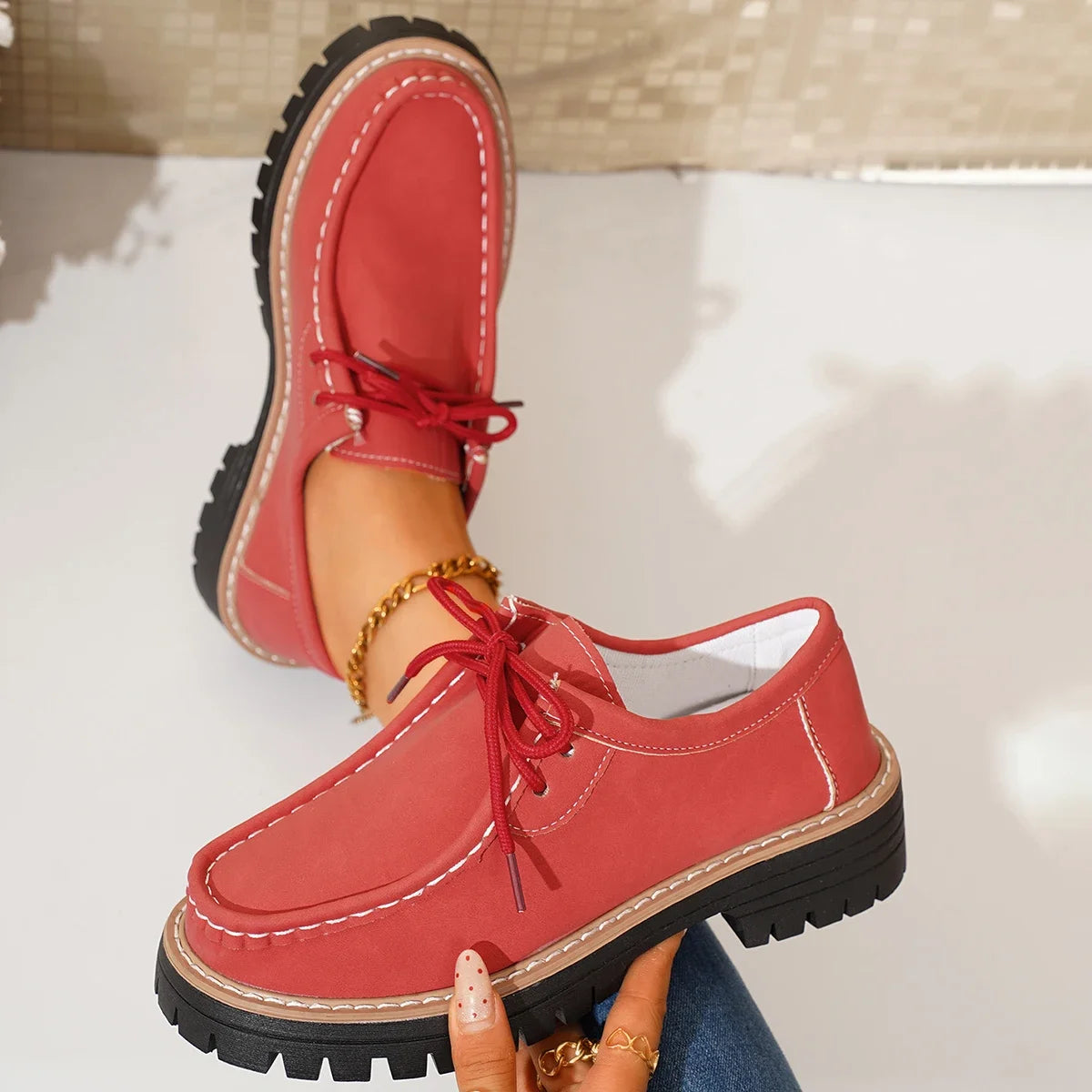 Women Loafers 2025 New Thick Heel Chunky Sole Flats Shoes Comfortable Sneakers Women Spring Autumn British Style Women Shoes Zpaxo Red 37