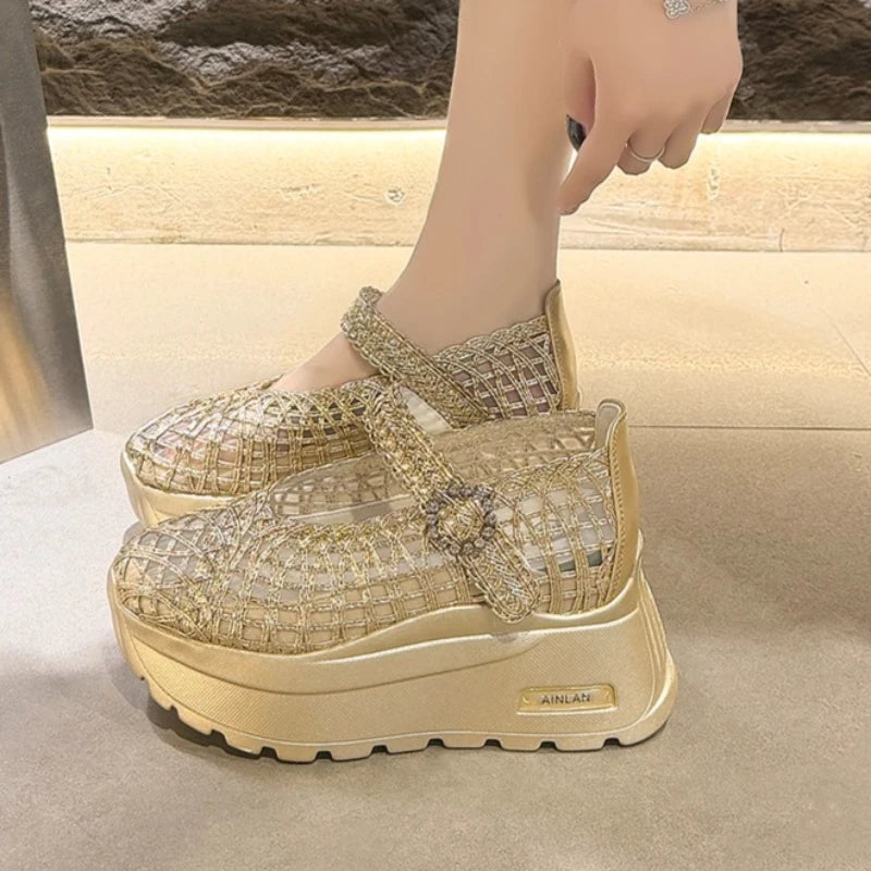 Weaving Women's Round Closed Toe Hollow Out Breathable Heel Sandals Zpaxo