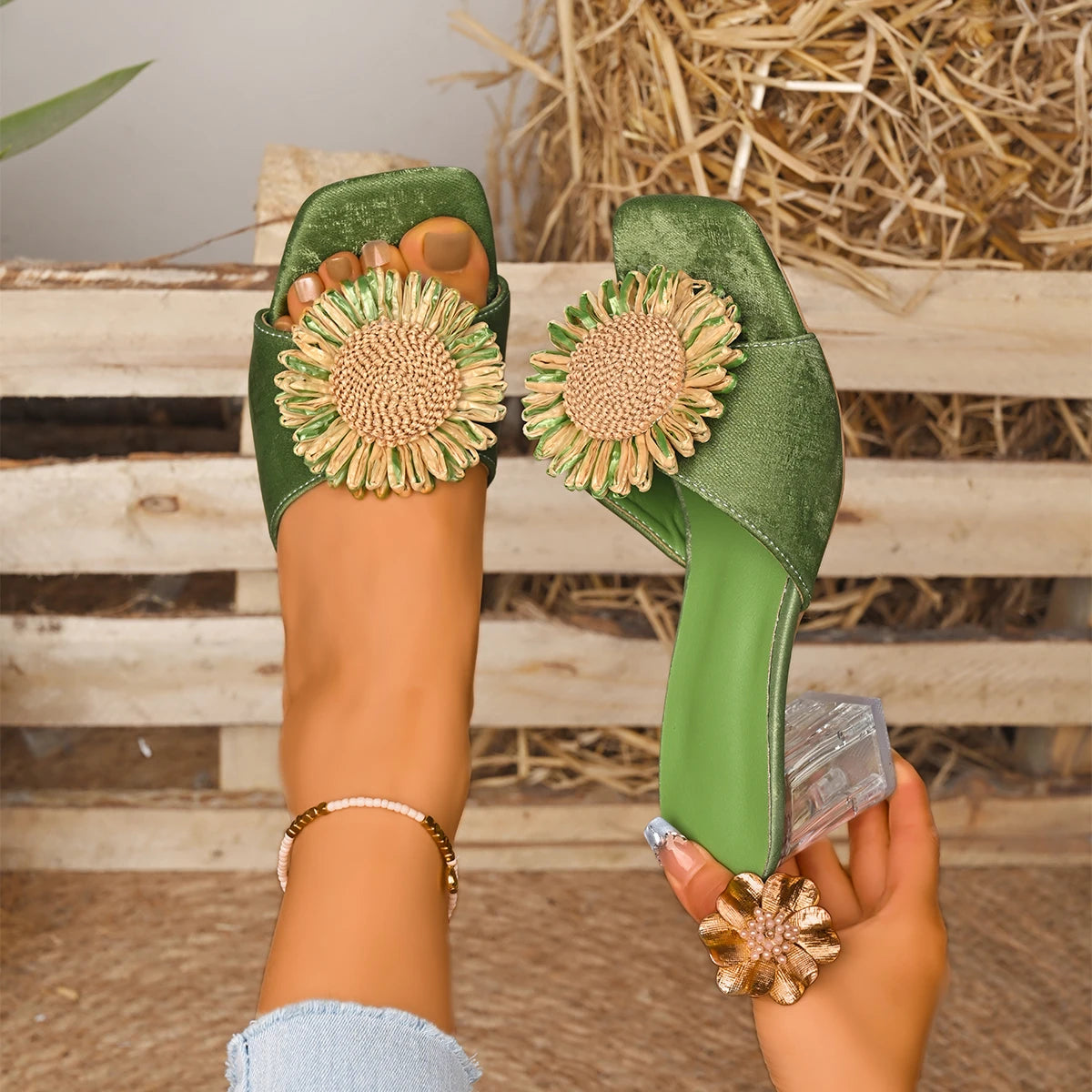 Women Sandals 2025 New Colorful Rhinestone High Heel Leather Shoes Women Handmade Crystal Flower Embellishment Sandals Women Zpaxo green 40
