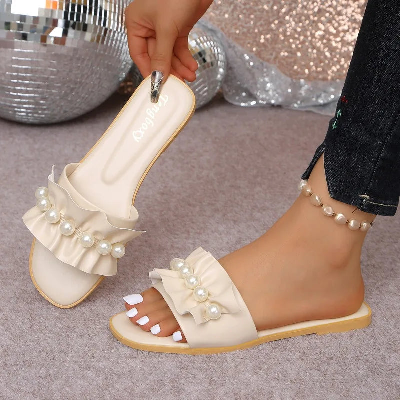 Women's Square Open Toe Pearl Embellishment Solid Slippers Summer Zpaxo
