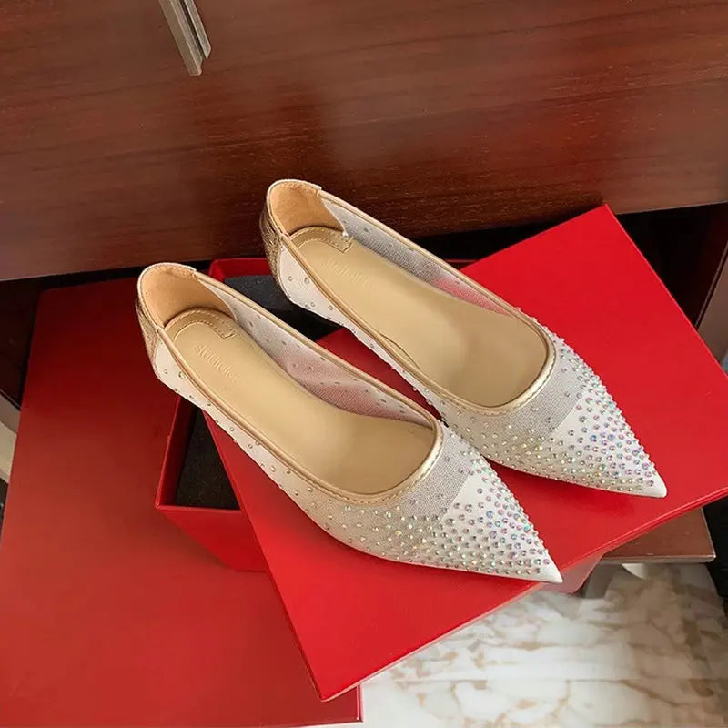 Flat Shoes for Women Spring and Summer 2025 Elegant Pointed Breathable Mesh Drilled Shallow Mouth Plus Size Women's Shoes 42 43 Zpaxo