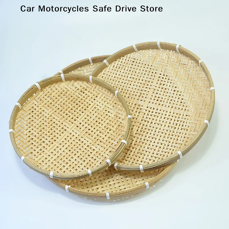 CM1PC Round Bamboo Woven Fruit Basket Tray Flat Wicker Food Storage