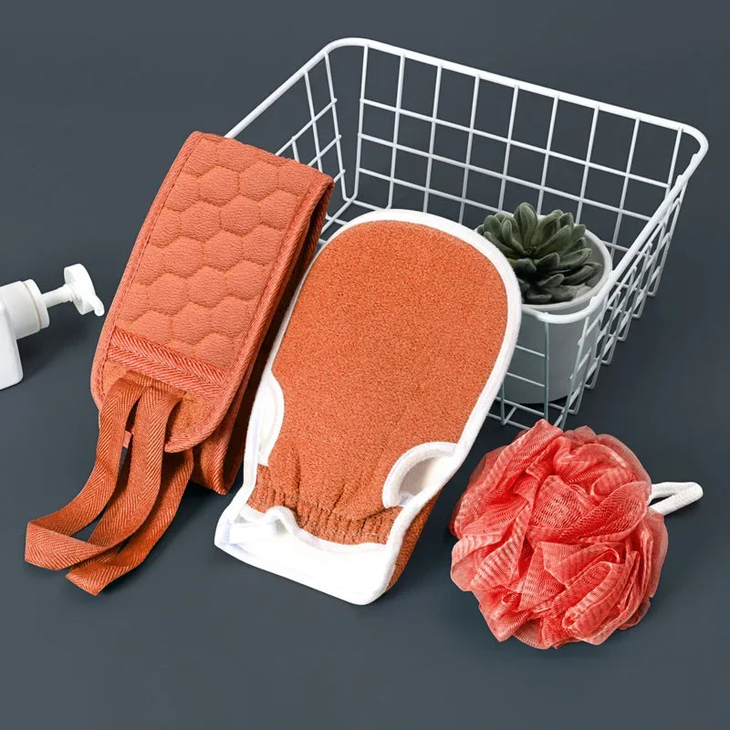 3pcs/set Bath Set Double-side Bath Towel Strong Rubbing Mud Glove Bath Towel Set Washing Towel Set Body Scrub Deep Cleaning Tool Zpaxo Red