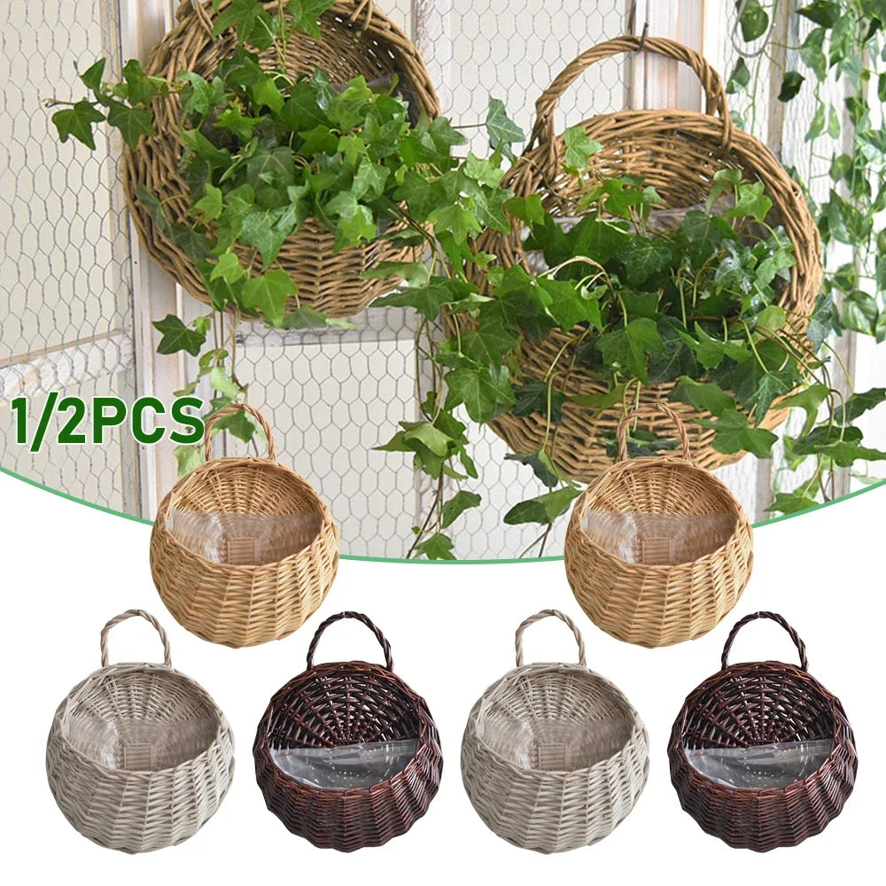 1/2pcs Handmade Woven Flower Basket Wall Hanging Wicker Rattan Garden Flower Pot Plant Basket Flower Vase Garden Balcony Decor Zpaxo