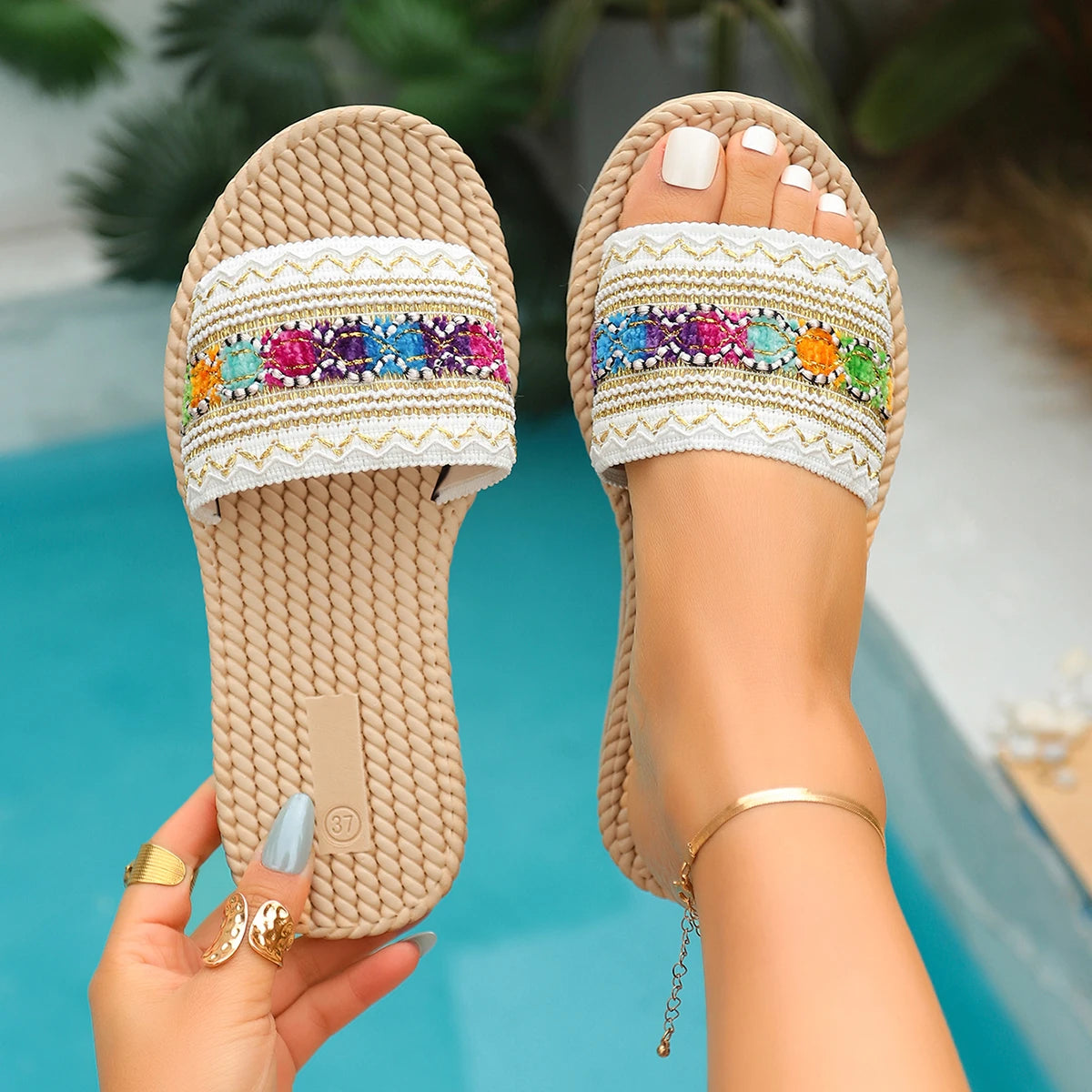 Women Slippers Beach Slides Women Summer Beach Sandals Fashion Ethnic Style Round Toe Casual Comfortable Flat Slippers Women Zpaxo WHITE 40