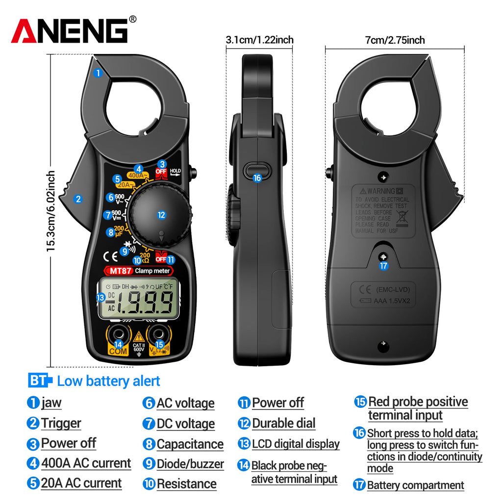 ANENG MT87 Compact Digital Clamp Multimeter Tester Data Hold LCD