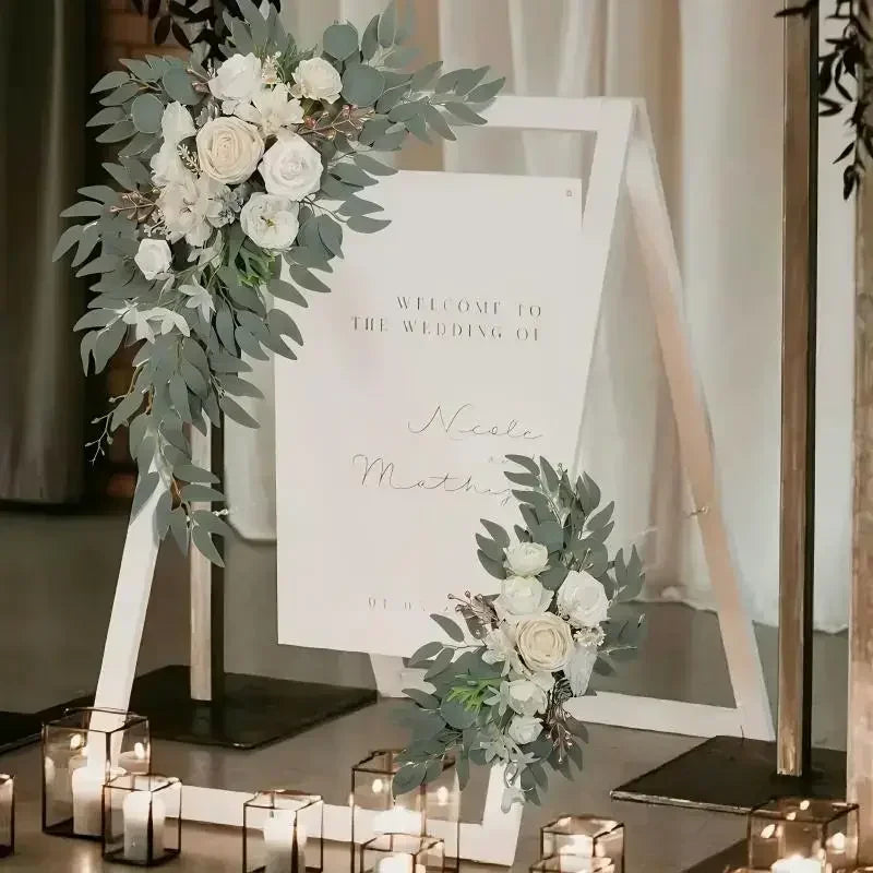 Romantic White Artificial Wedding Flowers Arch Welcome Sign Decor
