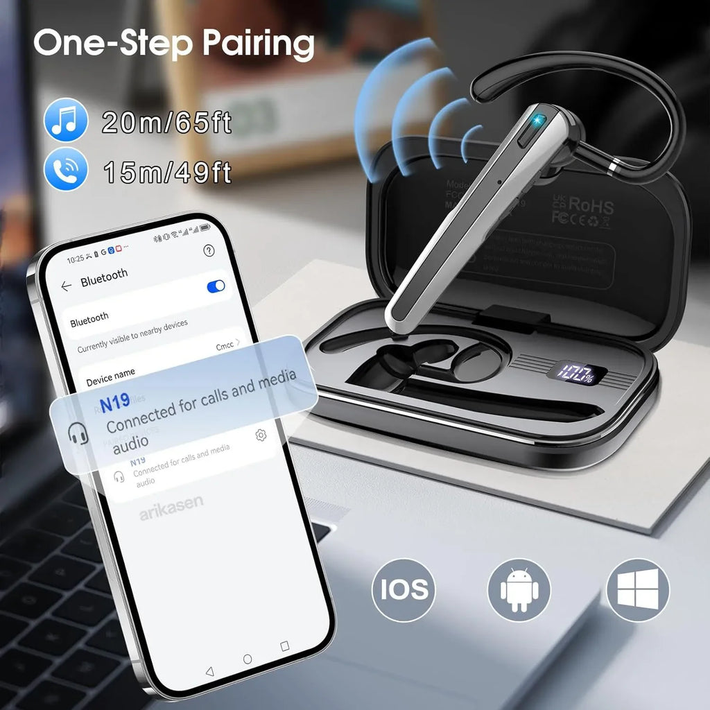 Bluetooth Headset Wireless Earpiece Dual-mic& Noise Canceling V5 4