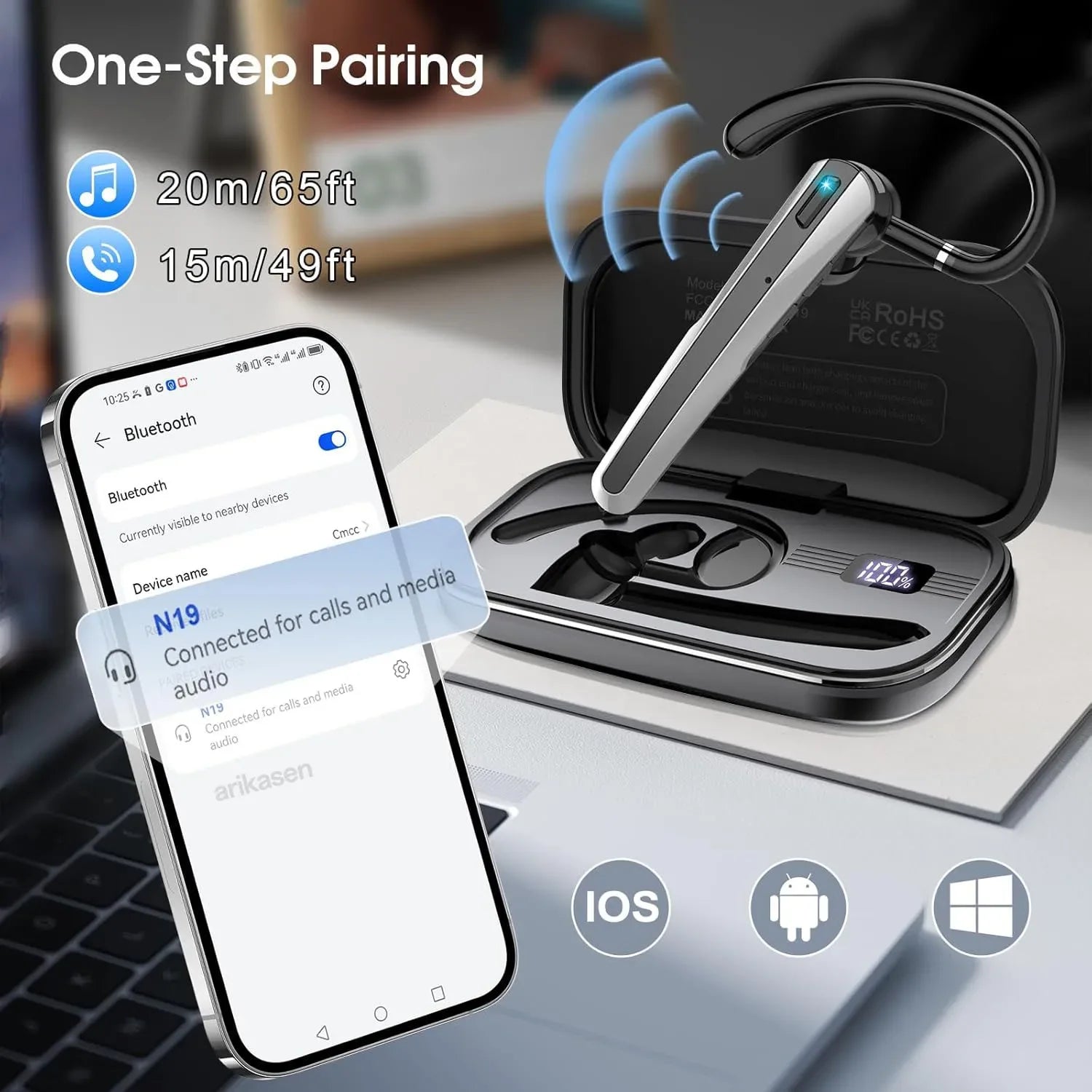Bluetooth Headset Wireless Earpiece Dual-mic& Noise Canceling V5 4