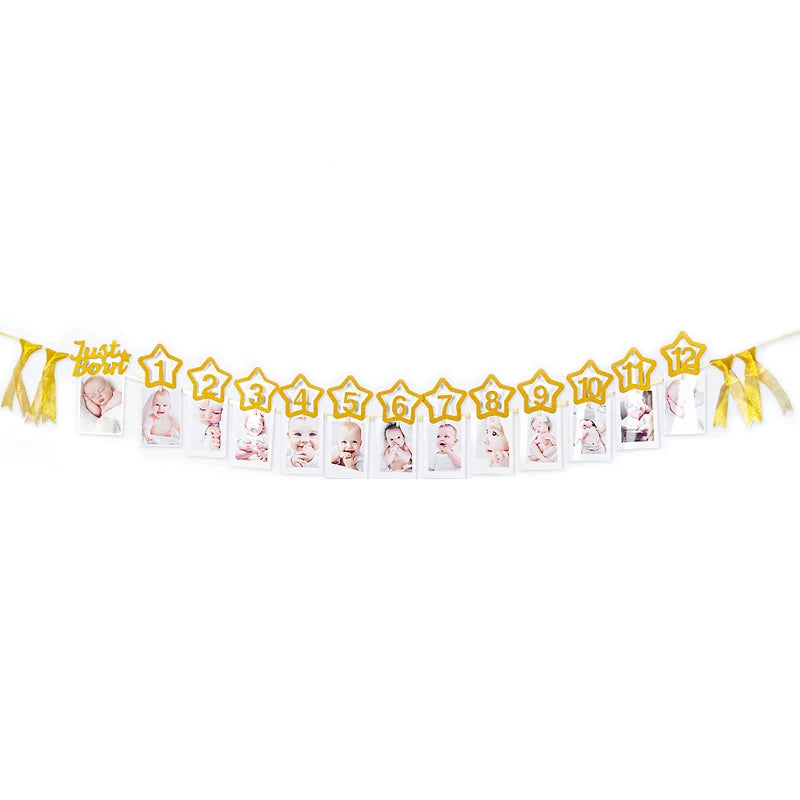 12 Months Photo Frame Banner First Happy Birthday Party Decorations